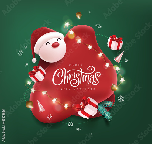 Merry Christmas and happy new year banner with cute santa claus and festive decoration for christmas