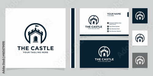 Vector illustration of castle logo design emblem, palace logo, fortress logo and business card Premium Vector