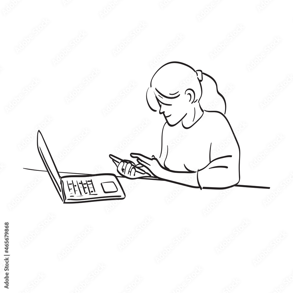 line art business woman using smartphone with laptop computer at table in office illustration vector isolated on white background line art business woman using smartphone with laptop computer at table in office illustration vector isolated on white background