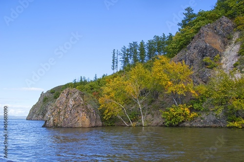 Golden autumn on the Amur river. Khabarovsk region, far East, Russia.
