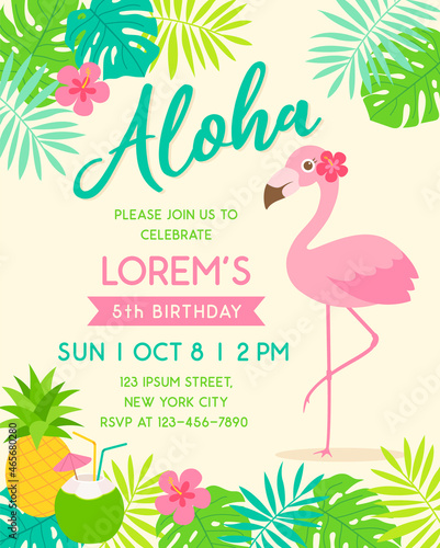 Cute flamingo with border of tropical fruit and leaf illustration for party invitation card template.