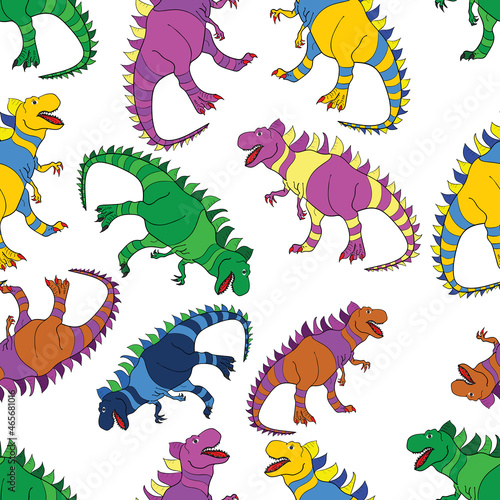 Seamless pattern with dinosaurs. Colored lizard-like dinosaurs for packaging or clothing. Saurischian dinosaurs. © ielyzaveta