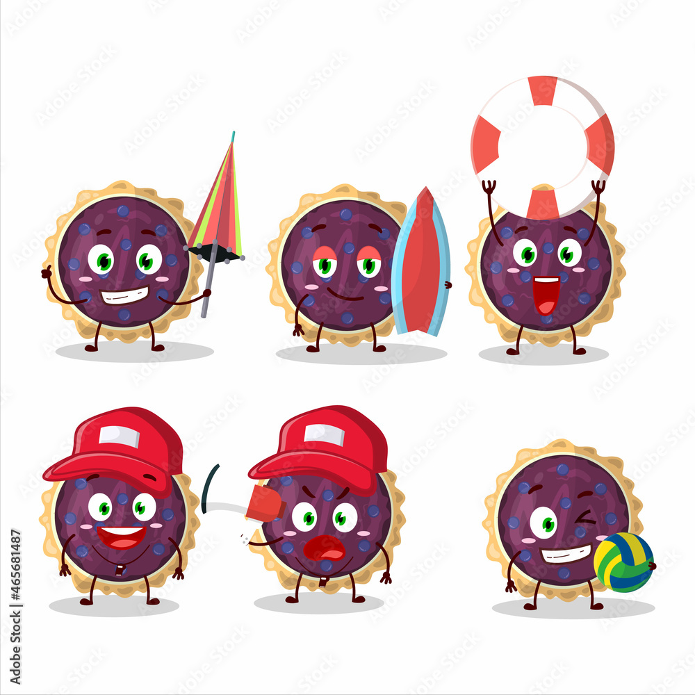 Happy Face blueberry pie cartoon character playing on a beach Happy Face blueberry pie cartoon character playing on a beach