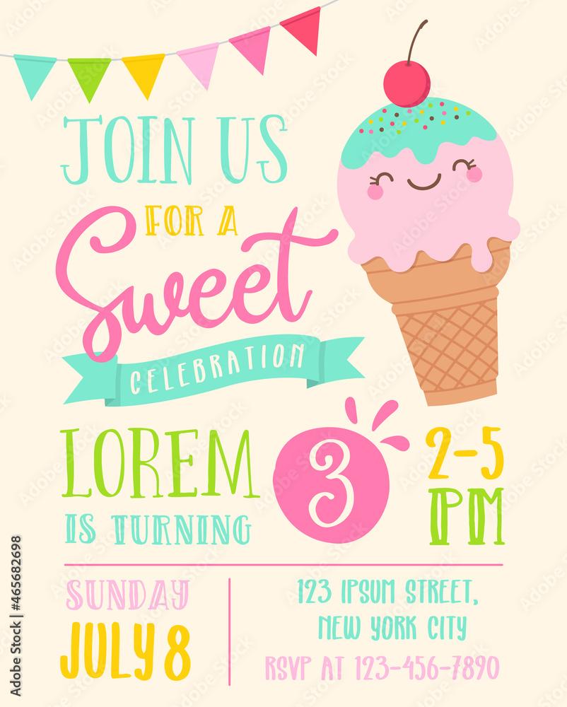 Cute ice cream cartoon for party invitation card template. Cute ice cream cartoon for party invitation card template.