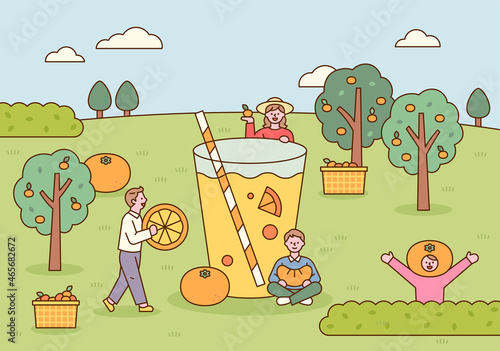 Jeju Island, Korea. At the tangerine farm, people are making huge juices. flat design style vector illustration.