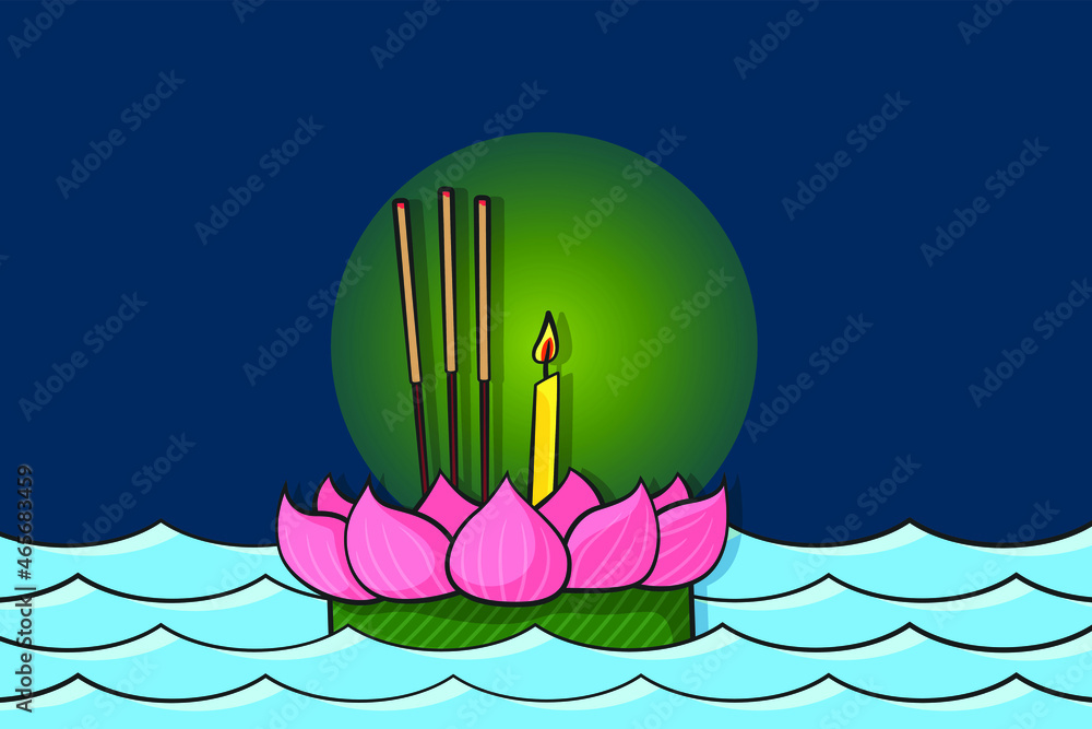 Kra Tong and river in drawing style vector. Colorful Thailand Loy Kra Tong fastival concept background. - obrazy, fototapety, plakaty 