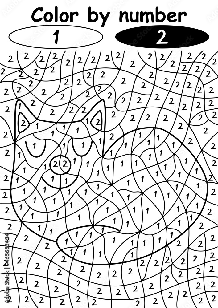 Cute sleeping kitten color by number vector illustration. Happy hand