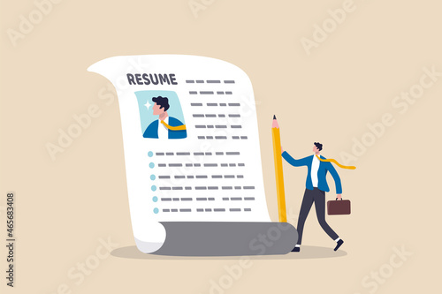 Writing best resume or CV or applying new job, professionally describe work experience for advantages, career and recruitment concept, smart confidence businessman professional finish writing resume.