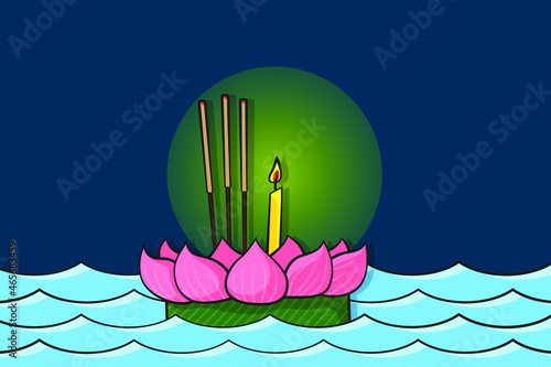Kra Tong and river in drawing style vector. Colorful Thailand Loy Kra Tong fastival concept background. photo