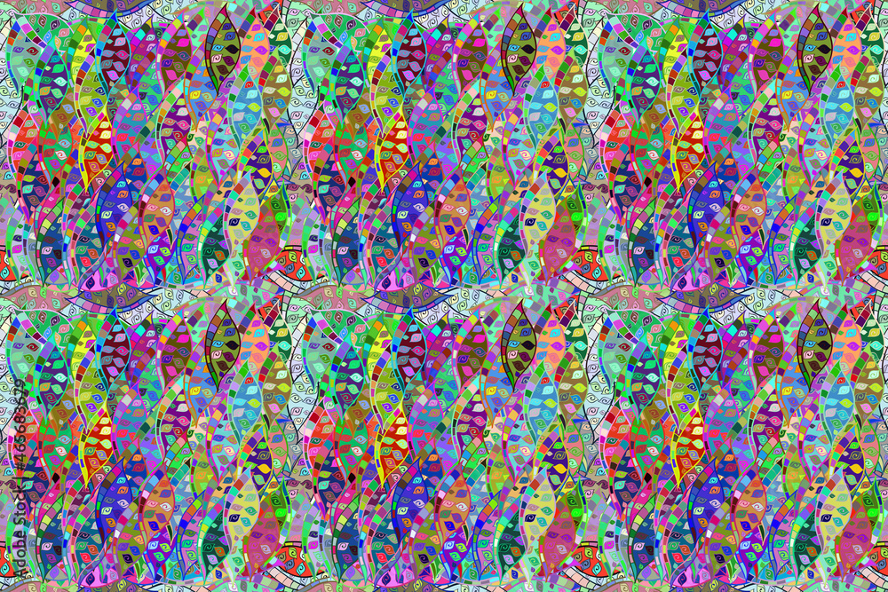 Obraz premium Seamless pattern with interesting doodles on colorfil background. Pano. Raster illustration.
