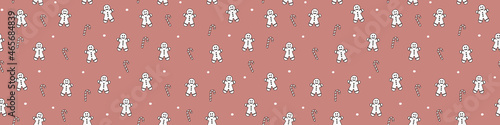 Christmas pattern with smiley gingerbread cookies and candies. Banner. Vector