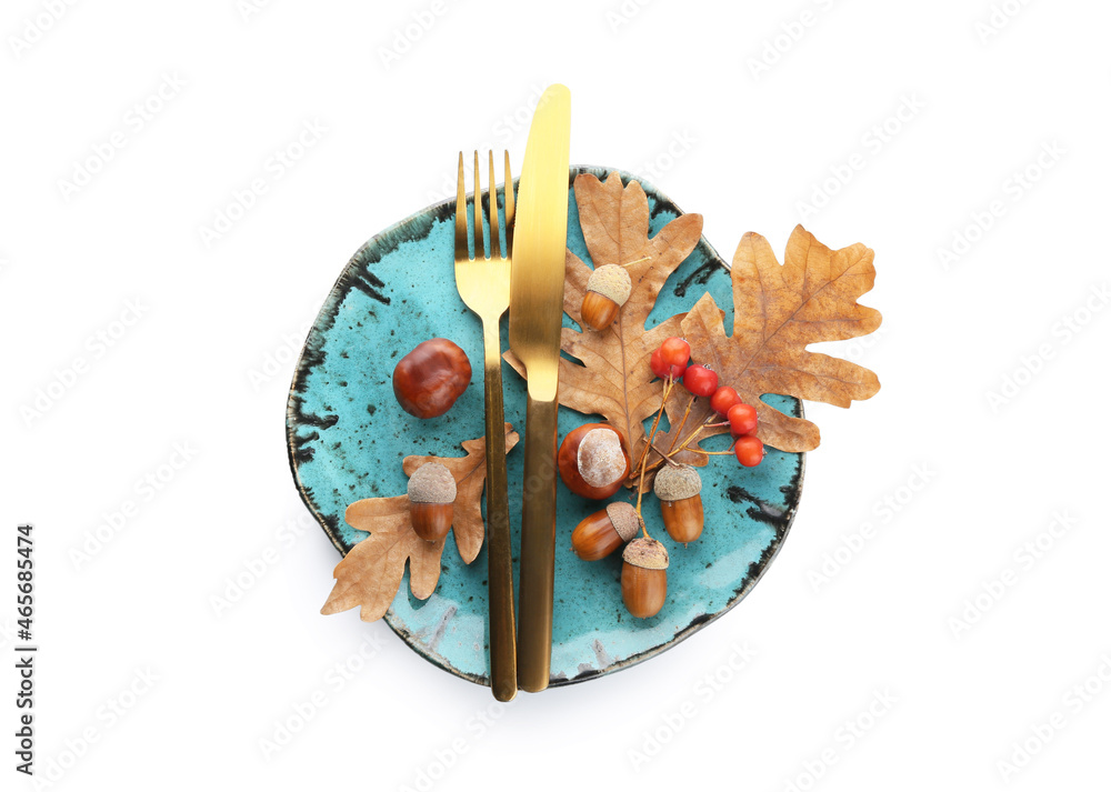 Stylish autumn table setting on white background
