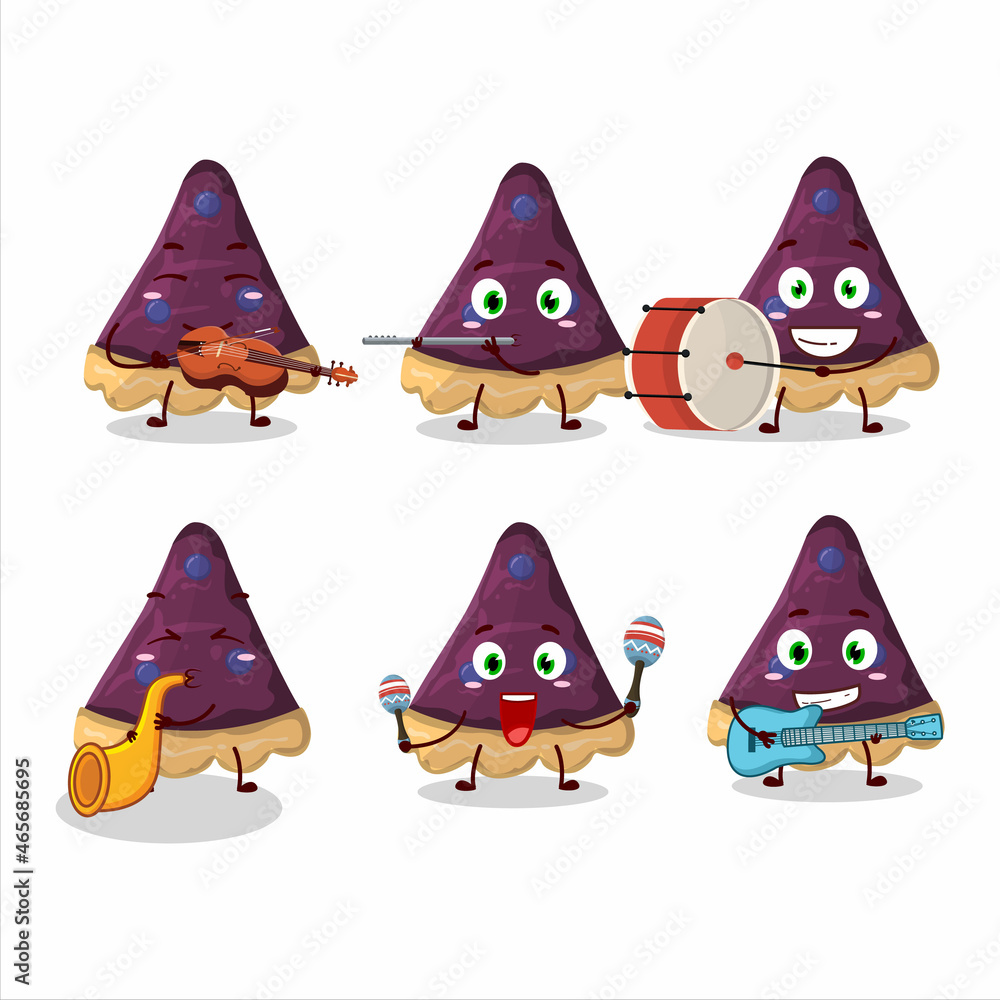 Cartoon character of slice of blueberry pie playing some musical instruments Cartoon character of slice of blueberry pie playing some musical instruments