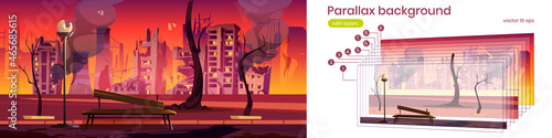 Parallax background city park in fire, war destroy, abandoned burning broken bench and skyscraper buildings 2d cityscape. Cartoon apocalyps game scene, view with separated layers, Vector illustration