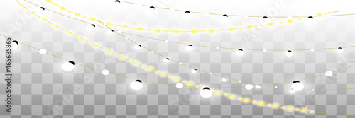 Christmas lights isolated. Colorful Xmas garland. Vector glowing light bulbs on wire strings