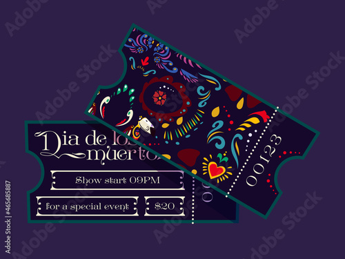 Dia de los muertos cartoon tickets template. Mexican Day of the dead party or special event pass coupons in traditional alebrije style, holiday of Mexico celebration show program, Vector illustration
