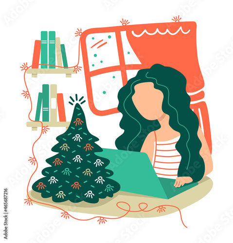 A freelance girl in a New Year's environment works at home at a computer. The apartment is decorated with garlands and a Christmas tree. Vector flat design illustration.