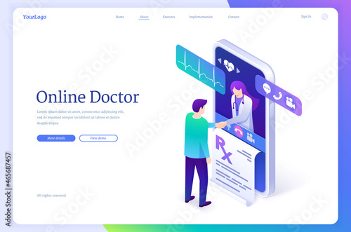 Doctor online isometric landing page, telehealth service, distance medicine application for mobile phone. Physician medic shaking hands with patient from huge smartphone screen, 3d vector web banner