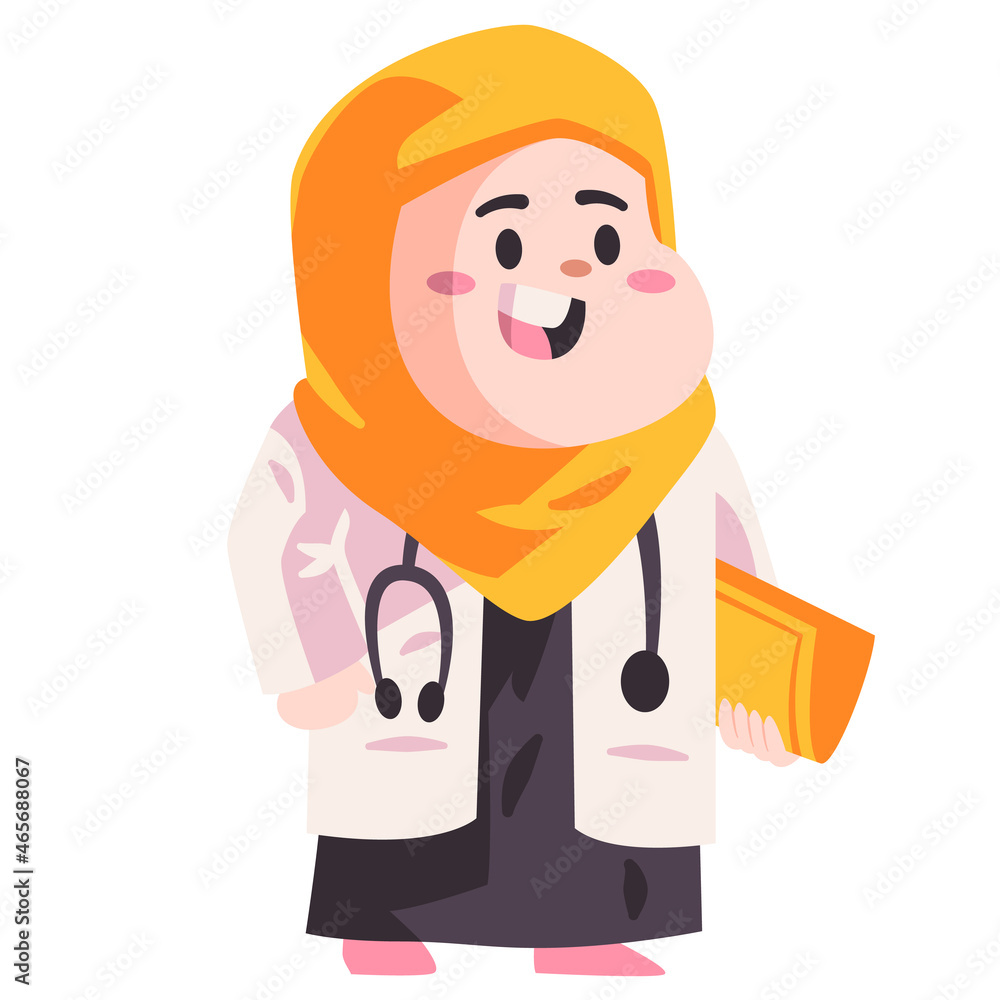 muslim doctor with white dress using stethoscopehold on medical record children girl play modern cartoon vector illustration muslim doctor with white dress using stethoscopehold on medical record children girl play modern cartoon vector illustration