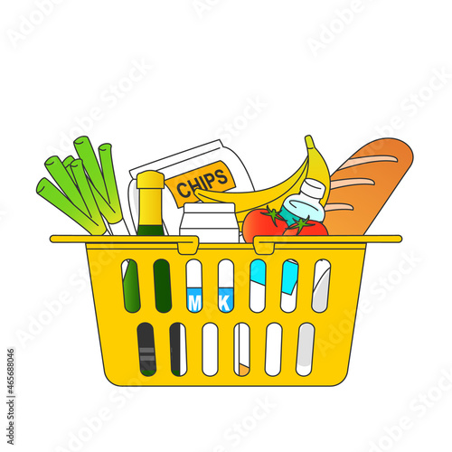 Shopping basket filled with food and beverages.