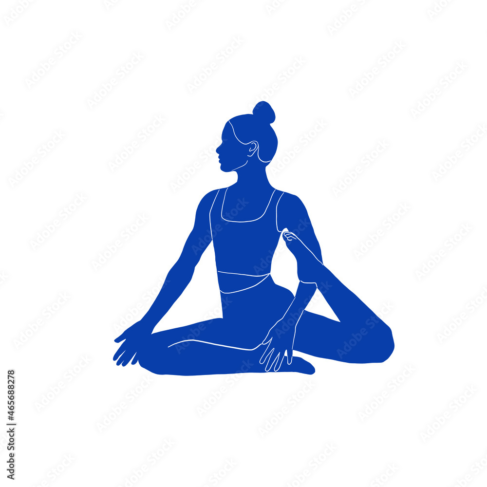 Woman doing yoga. Linear silhouette of female figure. Blue Mattise style drawing. Boho style. Woman doing yoga. Linear silhouette of female figure. Blue Mattise style drawing. Boho style.