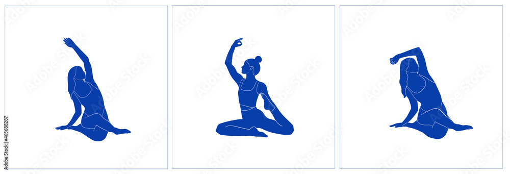 Set female silhouette doing yoga asanas. Healthy lifestyle. Woman in yoga pose. 