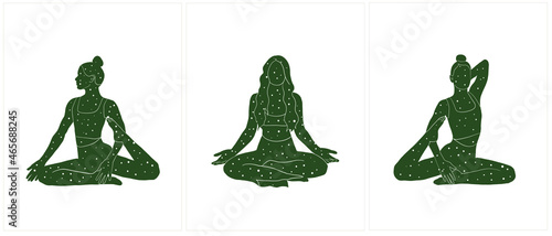 Boho style. Female silhouette in yoga pose. Space sky in body. Asana. 