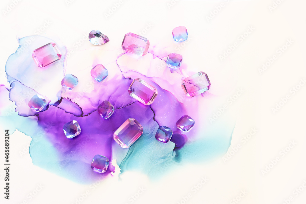 art photography of abstract alcohol ink fluid painting, pink and purple colors with gem stones