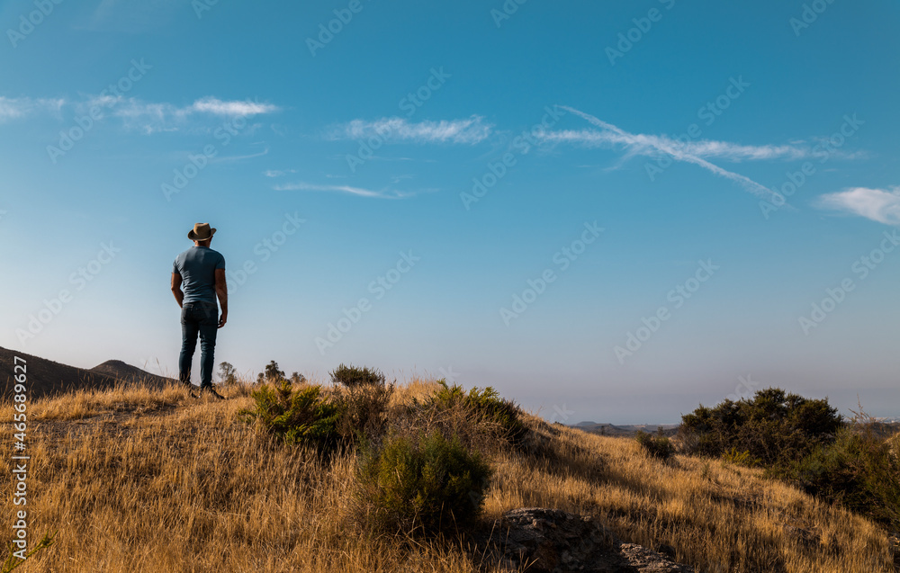 Rear view of adult man in cowboy hat looking at view in field against blue sky