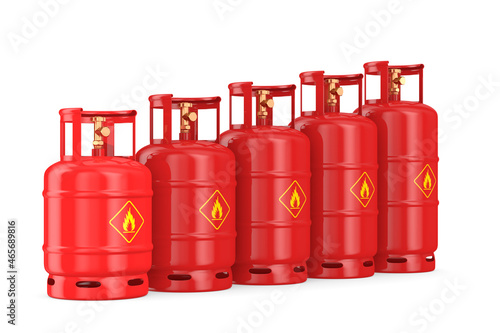 row gas cylinders on white background. Isolated 3D illustration