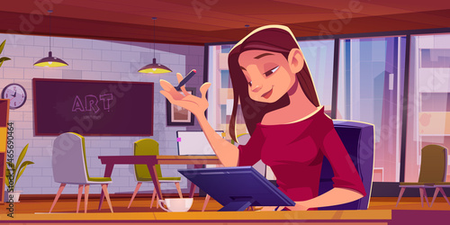 Girl with digital tablet works in open space office. Vector cartoon illustration of woman designer and coworking workplace interior with blackboard, tables, laptop and chairs