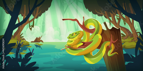 Exotic tropical snake on tree in jungle with pond. Vector cartoon illustration of rainforest landscape with river or swamp with water lily and Trimeresurus Salazar, green and yellow serpent photo