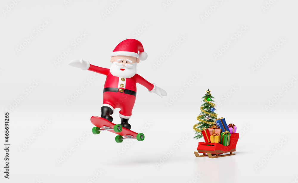 santa claus playing skateboard or surf skate with sleigh,gift box,christmas tree isolated on white.website or poster or Happiness cards,banner and festive New Year, 3d illustration or 3d render santa claus playing skateboard or surf skate with sleigh,gift box,christmas tree isolated on white.website or poster or Happiness cards,banner and festive New Year, 3d illustration or 3d render