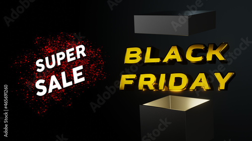 Black Friday Super Sale. Realistic black gift box. Open gift box. Golden text lettering. Pattern with gift box. Dark background golden text lettering. Horizontal banner, poster, header website.
