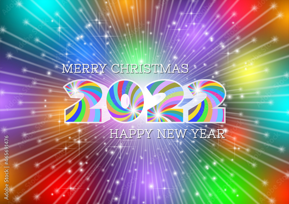 Merry Christmas and Happy New Year. 3d digits kaleidoscope 2022. Bright festive multi-colored radiant glowing poster Merry Christmas and Happy New Year. 3d digits kaleidoscope 2022. Bright festive multi-colored radiant glowing poster