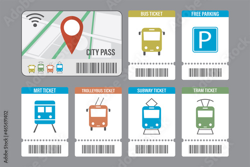 City pass, transport card. Contactless payment of transport fares. Tickets for travel on public transport. Set of six paper tickets with pictograms.