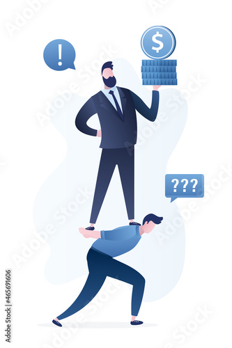 Employee is in corporate slavery. Staff carries boss on back, isolated on white background. Leader controls man with money, debt. Exploitation of office worker.