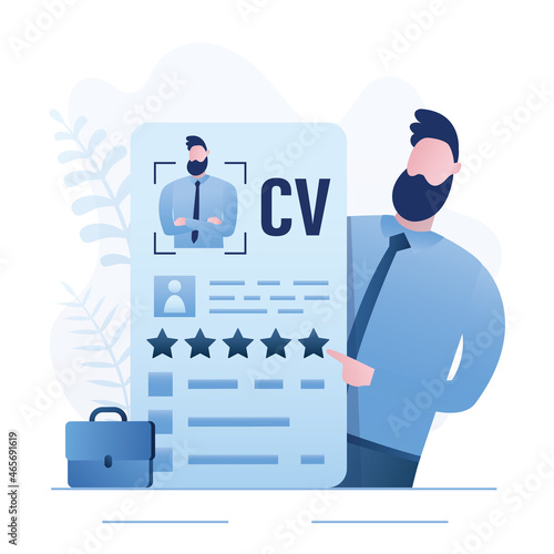 Qualified employee holds an excellent resume. Good portfolio for hiring. Confident man is specialist in search for highly qualified job. Clerk with cv closeup.