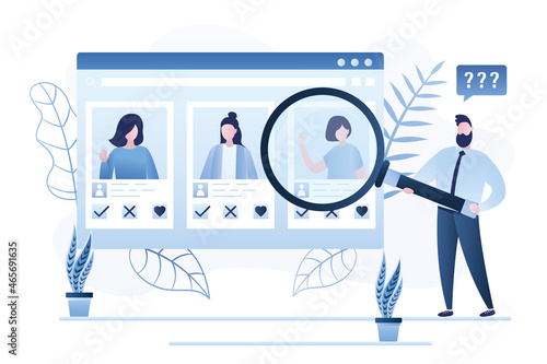 Male character looking for new acquaintances in dating app. Profiles of different women on web page. Handsome man evaluates profile of beautiful woman. Online dating service.