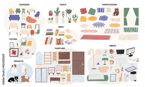 A collection of sources of various interior furniture and props. flat design style vector illustration.