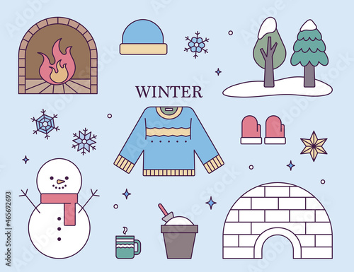 winter object collection. flat design style vector illustration.