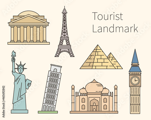 Collection of landmark icons of famous tourist destinations. flat design style vector illustration.
