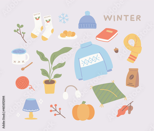 A collection of warm winter objects. flat design style vector illustration.