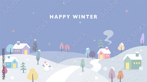 Quiet village landscape on a snowy winter night. flat design style vector illustration.