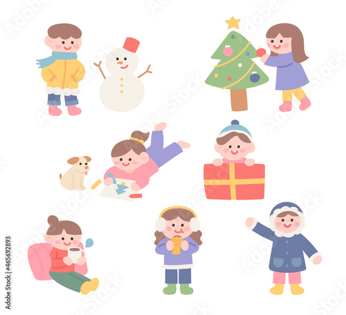 Christmas character. Cute children in winter clothes are playing. flat design style vector illustration.