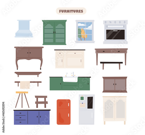 A collection of furniture in the kitchen. flat design style vector illustration.