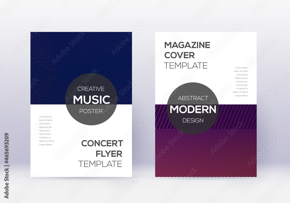Modern cover design template set. Violet abstract lines on dark background. Exquisite cover design. Optimal catalog, poster, book template etc.