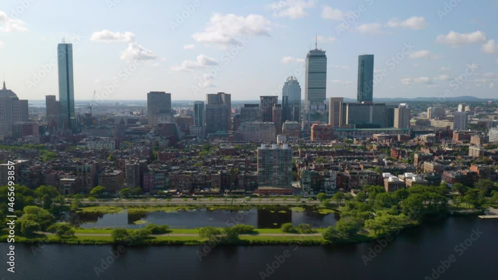 Long Aerial Tracking Shot Follows Boston Back Bay in Summer from Charles River Long Aerial Tracking Shot Follows Boston Back Bay in Summer from Charles River