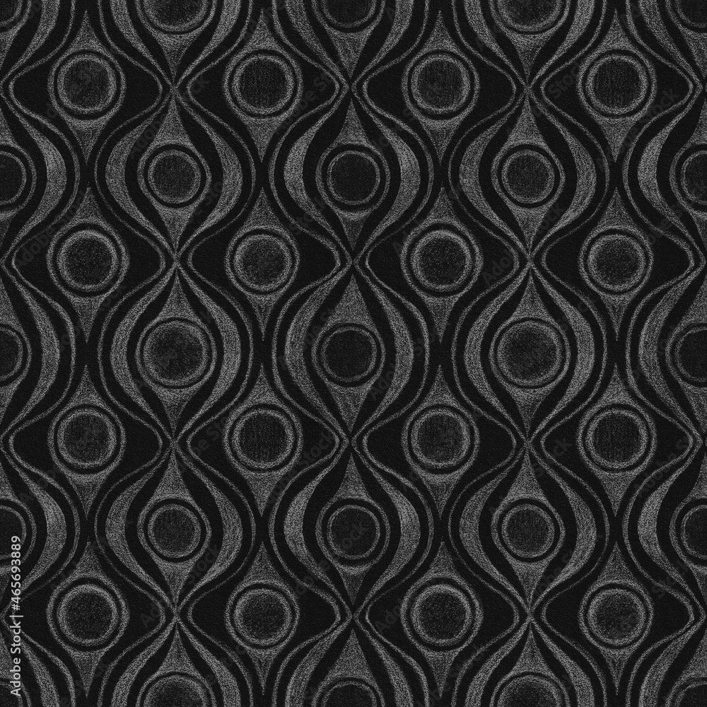 Abstract ornamental geometric seamless pattern with white contours of wavy lines and circles on textured black background. Template for design, textile, wallpaper, wrapping, carton.