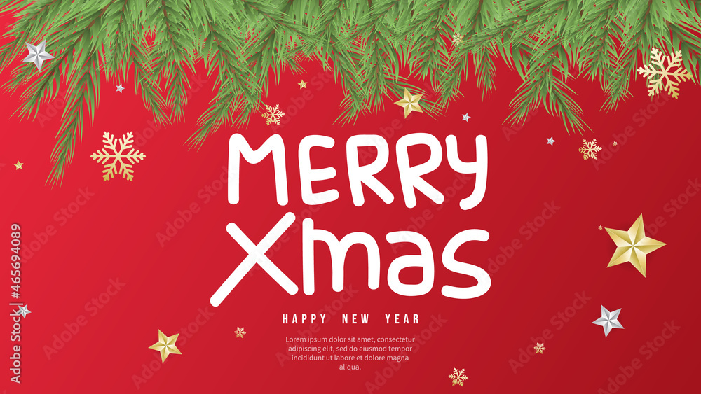 MERRY Xmas with pin tree and star on red background , Flat Modern design , Illustration Vector  EPS 10
